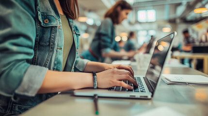 Wall Mural - A woman is actively typing on a laptop in a professional office setting.