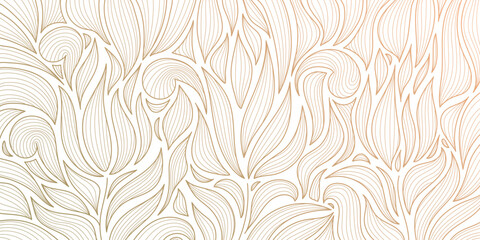 Vector art deco line gold pattern, luxury leaf floral texture, nouveau background. Modern design, jungle ornament, vintage decor element. Fancy nature illustration on white.