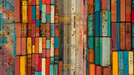 aerial view of colorful shipping containers stacked in an industrial dock, symbolizing global trade 