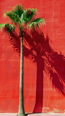 This high-resolution photograph captures the essence of tropical serenity with its simple yet captivating composition. Two palm trees stand tall against a vibrant red wall, their lush green fronds 