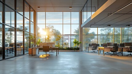 Wall Mural - modern office space with large windows, desks and chairs arranged in an open layout. the room is wel