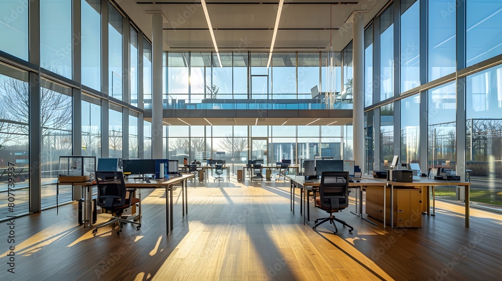 Modern office space with large windows, desks and chairs arranged in an ...