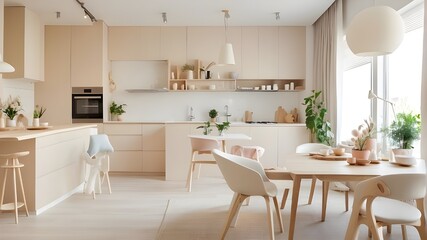 The large, cheery studio apartment is decorated in a Scandinavian manner using warm pastel white and beige colors. Contemporary elements in the kitchen and stylish furnishings in the