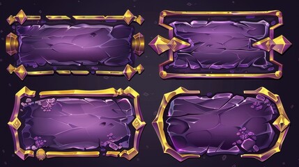 Wall Mural - Modern cartoon set of live stream frames with purple crystal texture and golden borders for showing gaming process. Overlay panels and buttons for streaming video games.