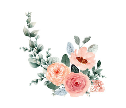 Watercolor peach floral and eucalyptus greenery. Ideal for creating invitations, greeting and wedding cards