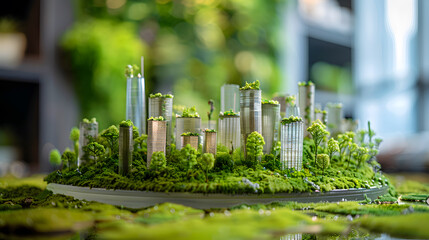 Wall Mural - A 3D printed model of a sustainable city, with green spaces and renewable energy sources in the background, during an environmental innovation summit