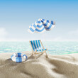 Summer beach mockup background with chair, umbrella, inflatable ring. 3d rendering