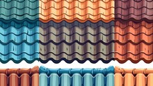 The Roof Tiles Of A Traditional Home Are Made Of Rounded Wooden And Wave Clay Tiles. A Modern Cartoon Set Of Blue, Green And Brown Roof Tiles Of Buildings Is Isolated On White.