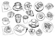 Coffee cups and pastries, buns, breakfast.. Black ink drawing on a white background.