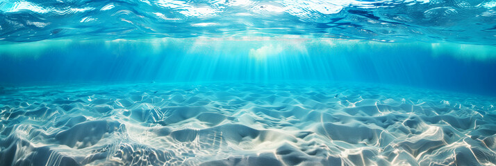 Wall Mural - Crystal-clear underwater scene with sunlight piercing through blue water onto sandy seabed.