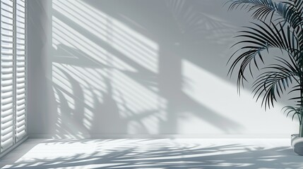 Poster - Detailed modern mockup with rays of sunlight coming through a window, gray shades of blinds, and plant leaves on a white wall and floor.