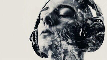 Wall Mural - Black and white artistic depiction of a person's face merged with abstract elements, wearing headphones.