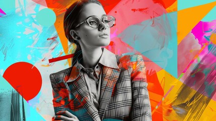 Wall Mural - Stylish young woman in plaid blazer and glasses against a vibrant abstract background.