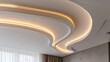 © PaulShlykov - suspended ceiling with halogen led lamps and drywall construction in empty room in apartment or house. Stretch ceiling white and complex shape.
