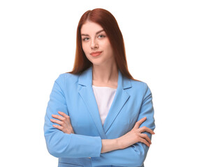 Wall Mural - Portrait of beautiful businesswoman with crossed arms on white background