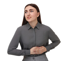 Wall Mural - Woman suffering from stomach pain on white background