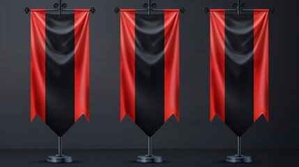 Poster - Banners and flags on metal poles and stands. Modern realistic template of fabric promotional posters and canvas pennants.