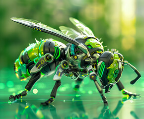 A green and black insect with a glowing green light.