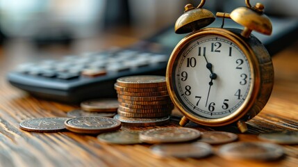 A tax season and debt collection concept is shown with a reminder note, coins, banks, a calculator on the table, a background, and time to pay concept.