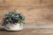 Beautiful forget-me-not flowers in cup and saucer on wooden table, closeup. Space for text