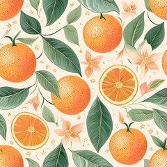 seamless pattern of oranges and leaves hand drawing floral illustration for print, textile, fabric, background and others