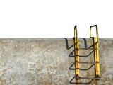 Fototapeta  - Old concrete wall with rusty yellow metal ladder isolated on white background