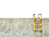 Fototapeta  - Old concrete wall with rusty yellow metal ladder isolated on white background