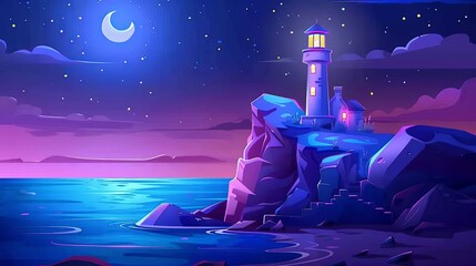 Wall Mural - Ocean with lighthouse on sea coast. Starry night landscape of ocean beach with beacon and building on cliff. Modern cartoon illustration of seascape with nautical navigation tower.