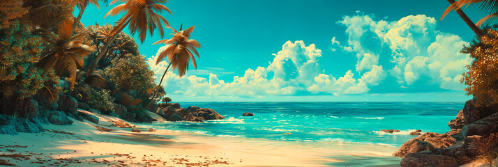 Wall Mural - Caribbean Tropical Beach with Blue Sky and Lush Palm Trees, Perfect Vacation Getaway