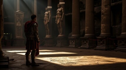 Poster - Gladiatorial combatant's contemplative moment in the dim corridors beneath the Roman coliseum