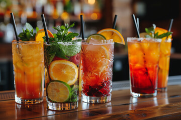 Wall Mural - A row of drinks on a bar counter, including a pink drink with a lime wedge