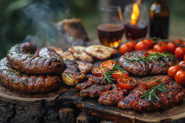 A barbecue with a variety of meats and vegetables, including tomatoes