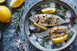 A bowl of fish with lemon slices and herbs on top