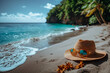 A straw hat is sitting on the sand next to the ocean