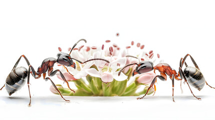 Ants inadvertently aiding in pollination while foraging for nectar and pollen isolated on white background, photo, png

