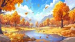 In the autumnal natural landscape with swamp in mountain valley, old forest trees with yellow foliage, leaves flying in the wind, and blue sky with clouds. Travel game background image.