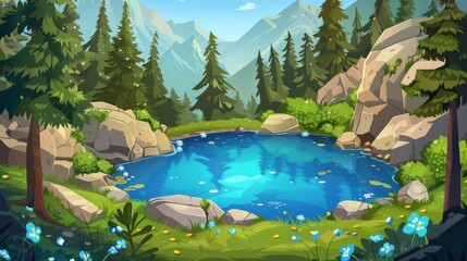 Wall Mural - A clear blue lake in a forest at the foot of mountains surrounded by green bushes in a beautiful natural landscape. Background for a travel game.