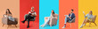 © Pixel-Shot - Collage of young people sitting in comfortable armchairs on color background