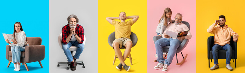 Wall Mural - Collection of people sitting in comfortable armchairs on color background