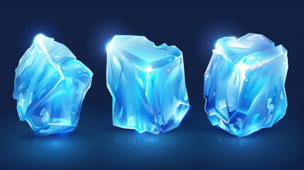 Poster - Isolated realistic modern 3D water ice cube piece. Translucent blue frozen cocktail drink object set. Clear glacial aqua drink collection. Clear cold and icy bubble with light reflections.