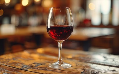 Wall Mural - A glass of red wine is sitting on a wooden table. The wine is almost empty, with only a small amount of liquid left in the glass. The wine glass is clear and has a stem, which is visible in the image