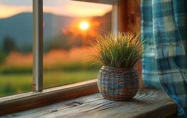 Wall Mural - A potted plant sits on a windowsill, with the sun shining through the window and casting a warm glow on the plant. Concept of peace and tranquility, as the plant is surrounded by nature