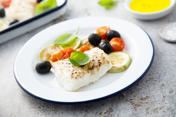 Poster - Roasted cod with olives, tomato and zucchini