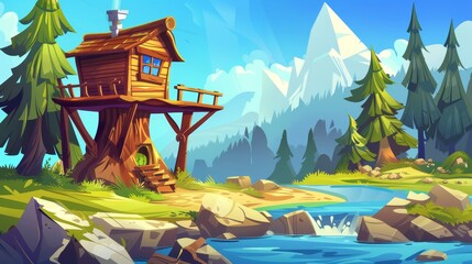 Wall Mural - An old shack overhanging a mountain stream in nature. Beautiful wooden house near river water and pine trees in a forest cartoon background. A shack porch and a stump with an axe in a summer