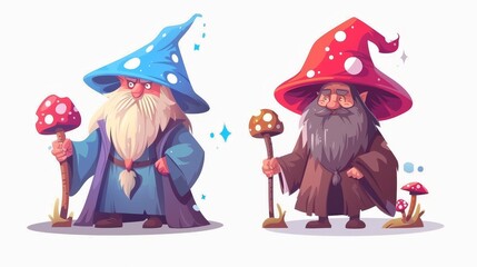 Wall Mural - Magician with witchcraft powers - cartoon of two magicians. Old man with gray beard in long mantle with magic wand, and woodland warlock with red hair and mushrooms on hat.