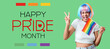 Happy African-American woman with rainbow flag showing victory gesture on green background. LGBT concept