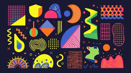 Poster - Y2K colorful abstract shape and grid. Modern illustration set of geometric forms and symbols. Retro futuristic design for 2000s and brutalist style. Simple funky psychedelic elements.