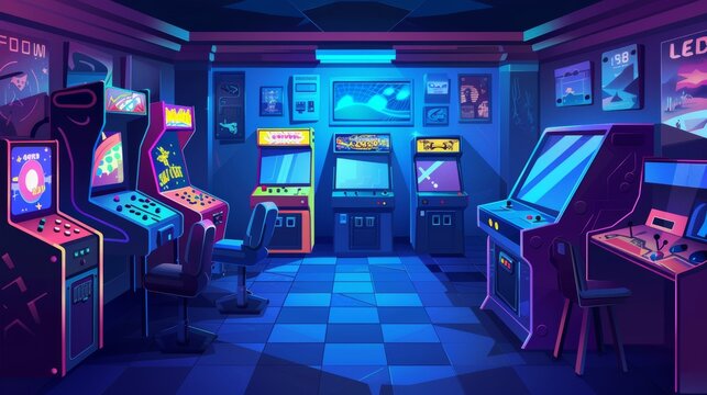 Game machines in retro computer club, cartoon illustration of interior design, old arcade cabinets, old pinball machines, poster on wall.