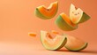 levitating Melon cutted pieces, separated, pastel color background, professional studio photography, hyperrealistic, minimalism, negative space, high detailed, sharp focus