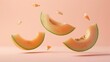 levitating Melon cutted pieces, separated, pastel color background, professional studio photography, hyperrealistic, minimalism, negative space, high detailed, sharp focus
